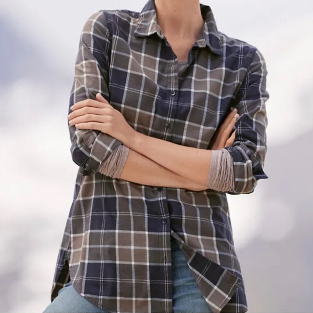Garnet Hill Plaid Button-Up Shirt - Navy and Gray